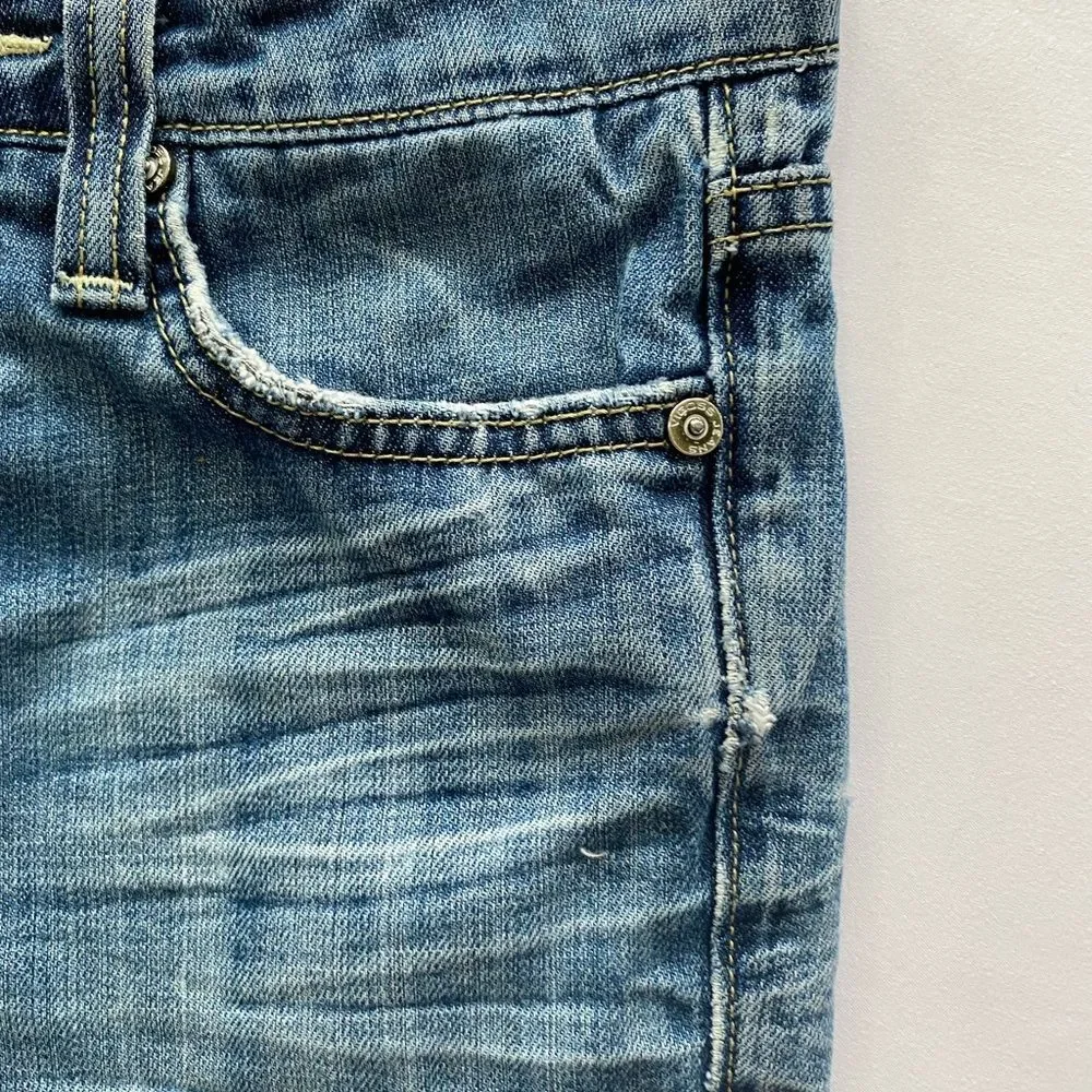 Vigoss Jeans Women's Size 3/4 (27) Distressed Blue Denim Raw Hem Y2K Mcbling
